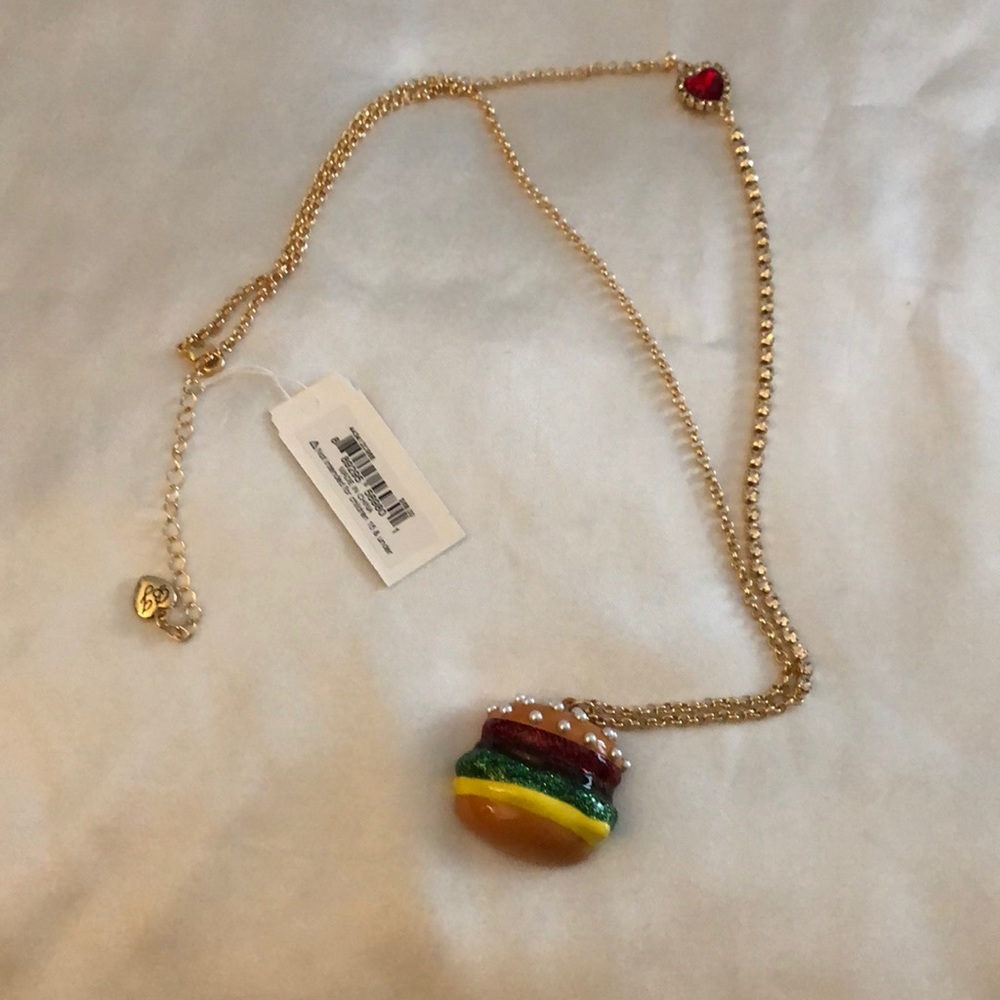 Betsey Johnson Gold Tone Hamburger Pendant Necklace Cup Chain Accent NWT